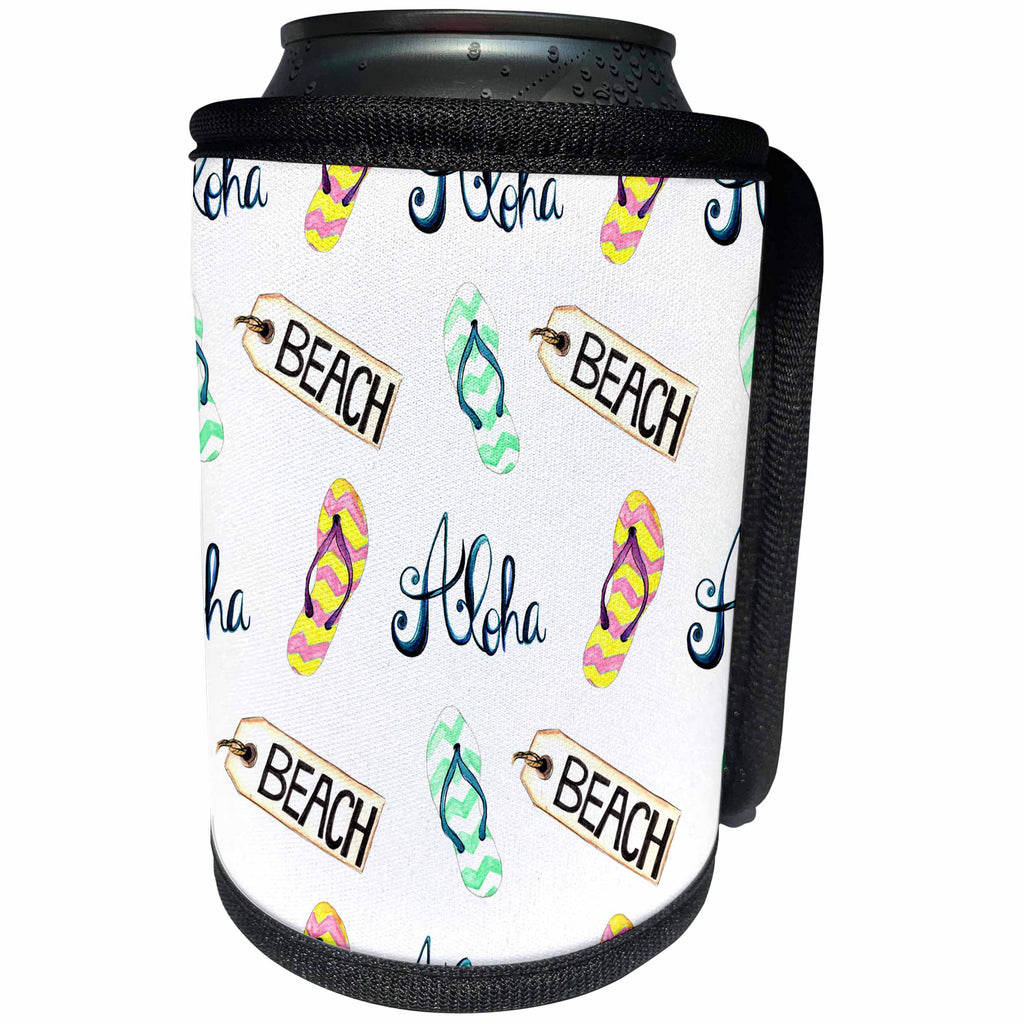 3dRose Anne Marie Baugh - Patterns - Cute Beach Signs, Aloha, and Flip Flops Pattern - Can Cooler Bottle Wrap (cc_263505)