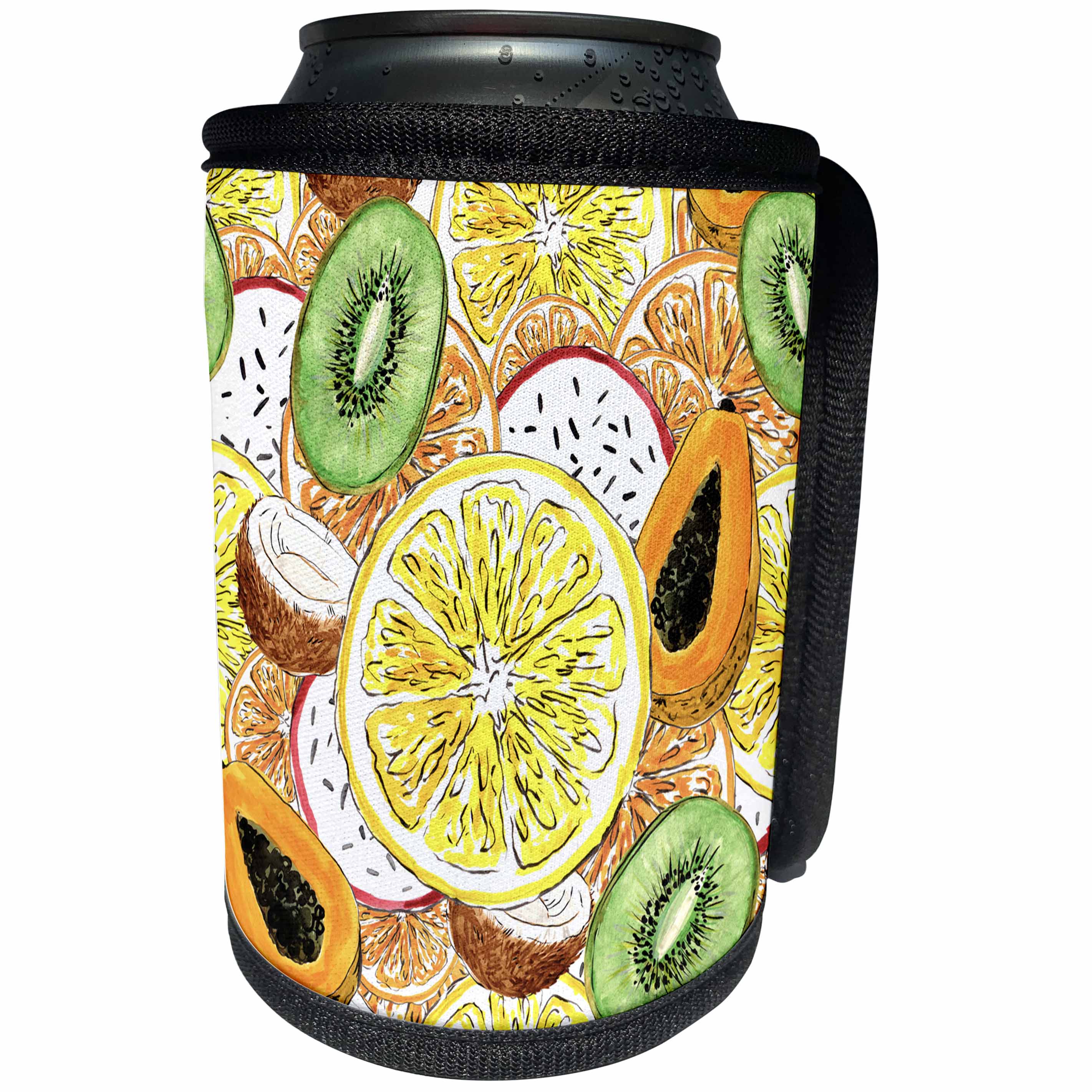 3dRose Anne Marie Baugh - Patterns - Lemons, Kiwi, Coconuts, Papaya Over Lay Pattern - Can Cooler Bottle Wrap (cc_263506)