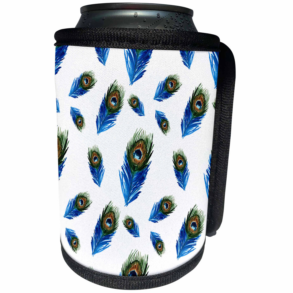 3dRose Anne Marie Baugh - Patterns - Pretty Blue and Green Peacock Feathers Pattern - Can Cooler Bottle Wrap (cc_263511)