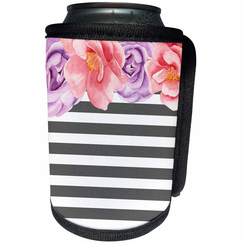 3dRose Anne Marie Baugh - Floral - Gray and White Bold Stripes Watercolor Purple and Pink Floral - Can Cooler Bottle Wrap (cc_263544)