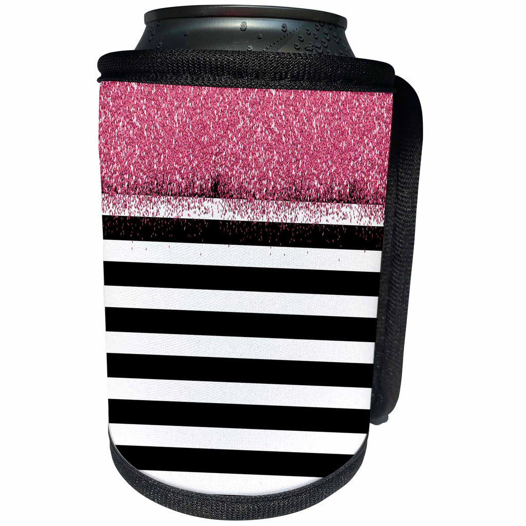 3dRose Anne Marie Baugh - Sparkle - Black and White Stripes Pink Digital Faux Glitter - Can Cooler Bottle Wrap (cc_263546)
