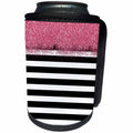 3dRose Anne Marie Baugh - Sparkle - Black and White Stripes Pink Digital Faux Glitter - Can Cooler Bottle Wrap (cc_263546)