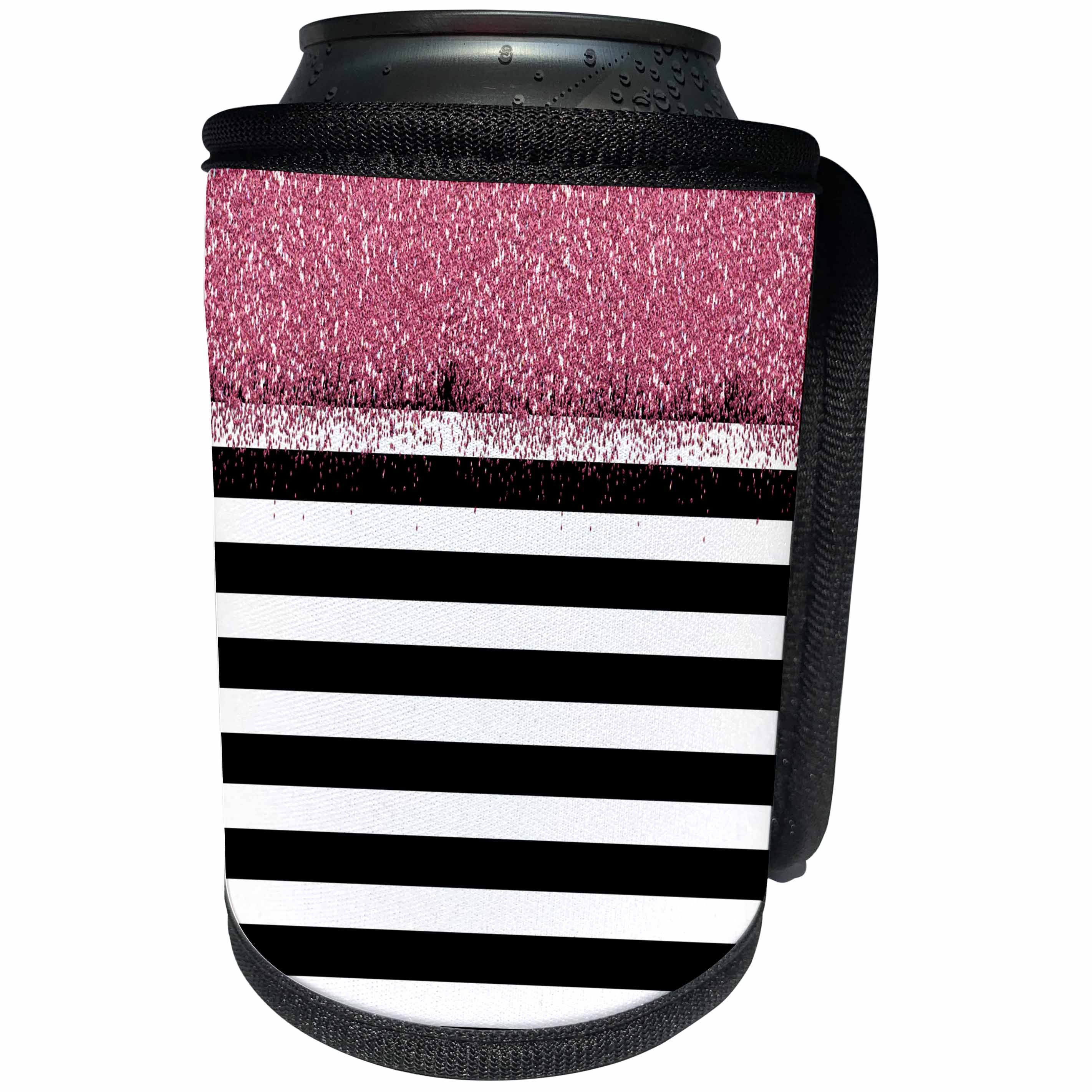 3dRose Anne Marie Baugh - Sparkle - Black and White Stripes Pink Digital Faux Glitter - Can Cooler Bottle Wrap (cc_263546)