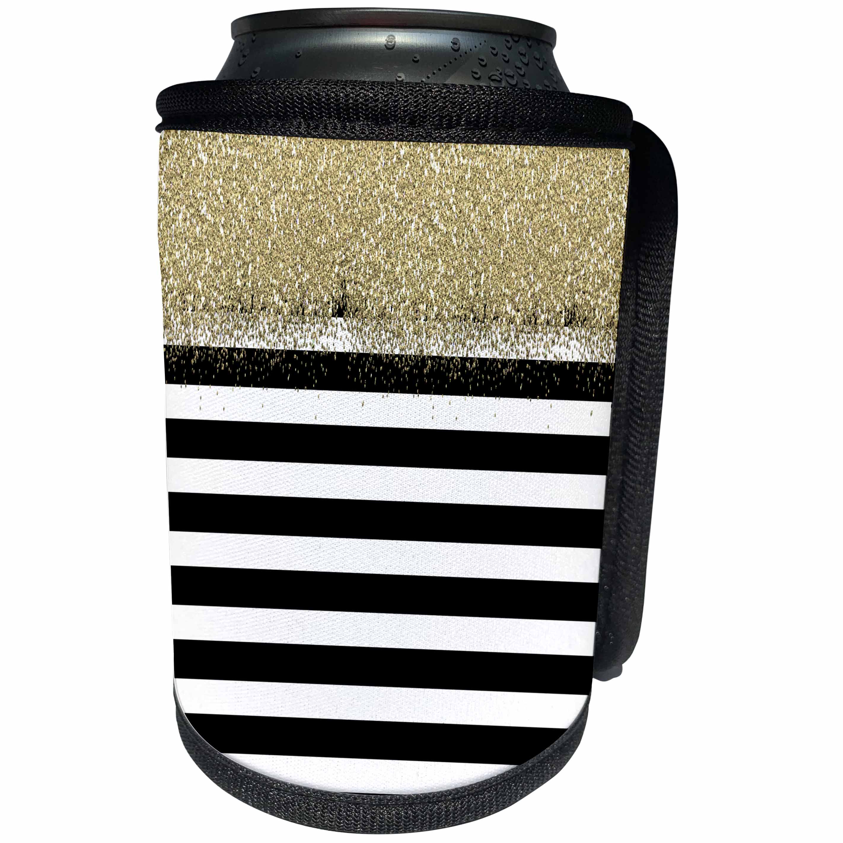 3dRose Anne Marie Baugh - Sparkle - Black and White Stripes Gold Digital Faux Glitter - Can Cooler Bottle Wrap (cc_263547)