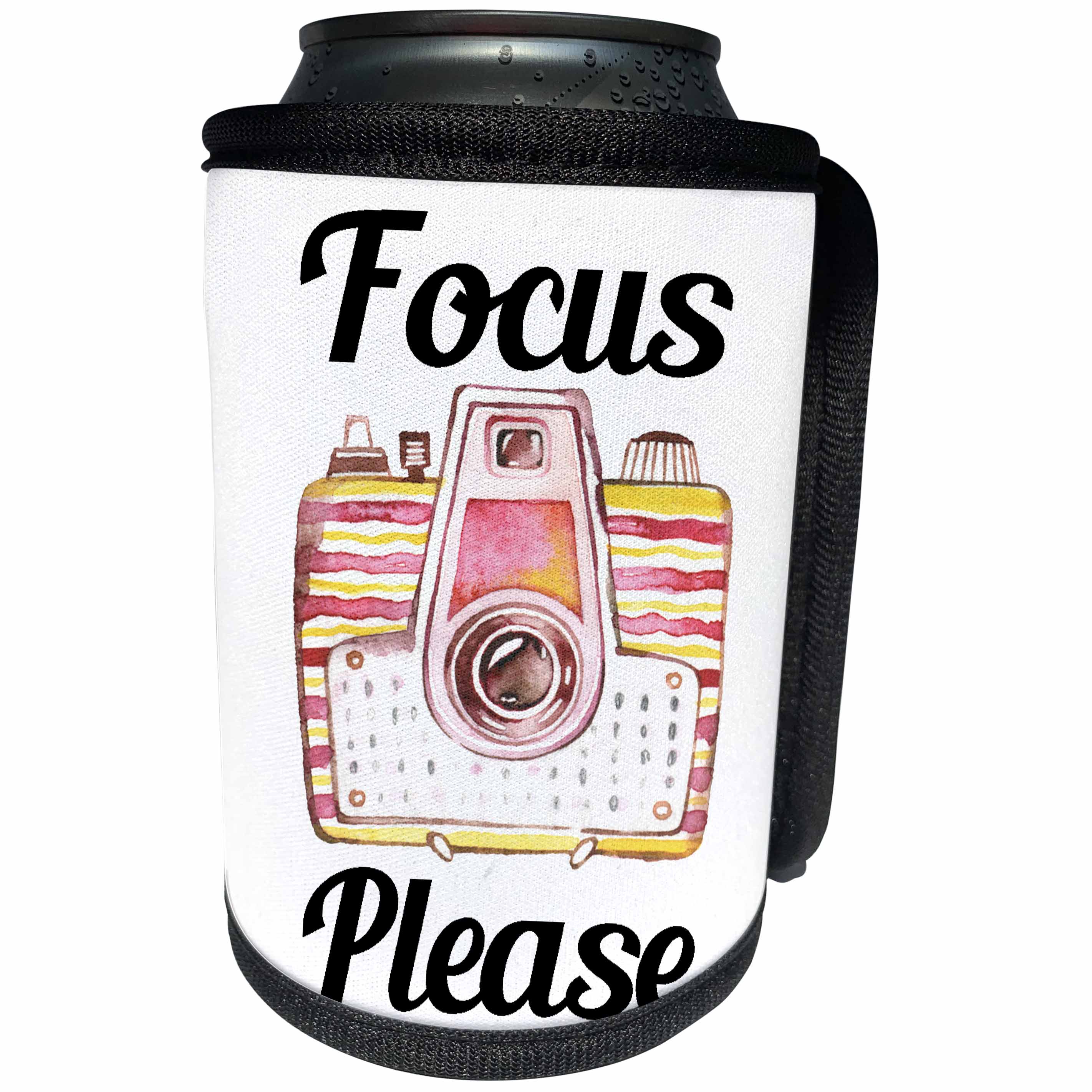 3dRose Anne Marie Baugh - Quotes - Focus Please Watercolor Camera Graphic Quote - Can Cooler Bottle Wrap (cc_263628)