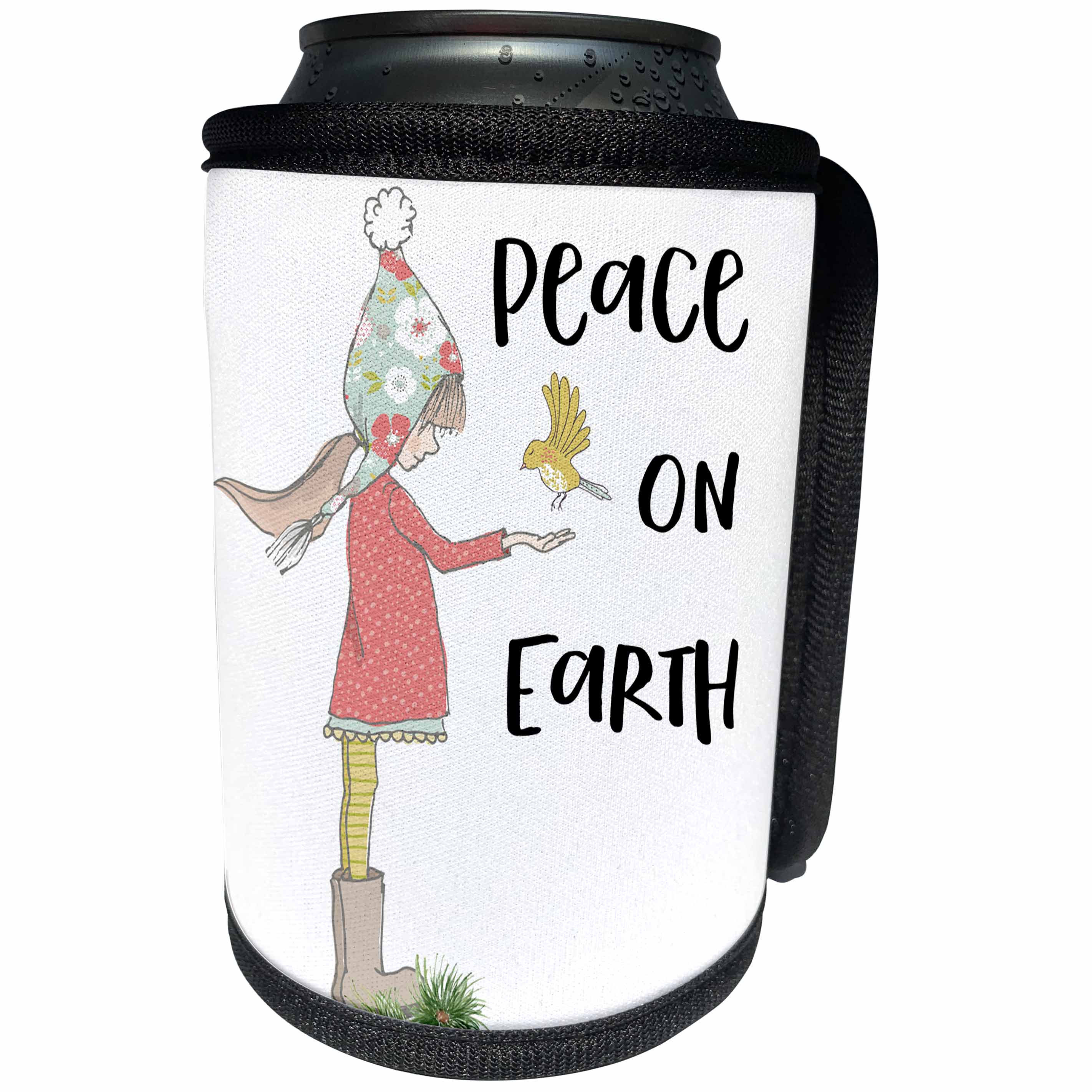 3dRose Anne Marie Baugh - Christmas - Cute Girl With Bird and Peace On Earth Christmas Quote - Can Cooler Bottle Wrap (cc_263633)