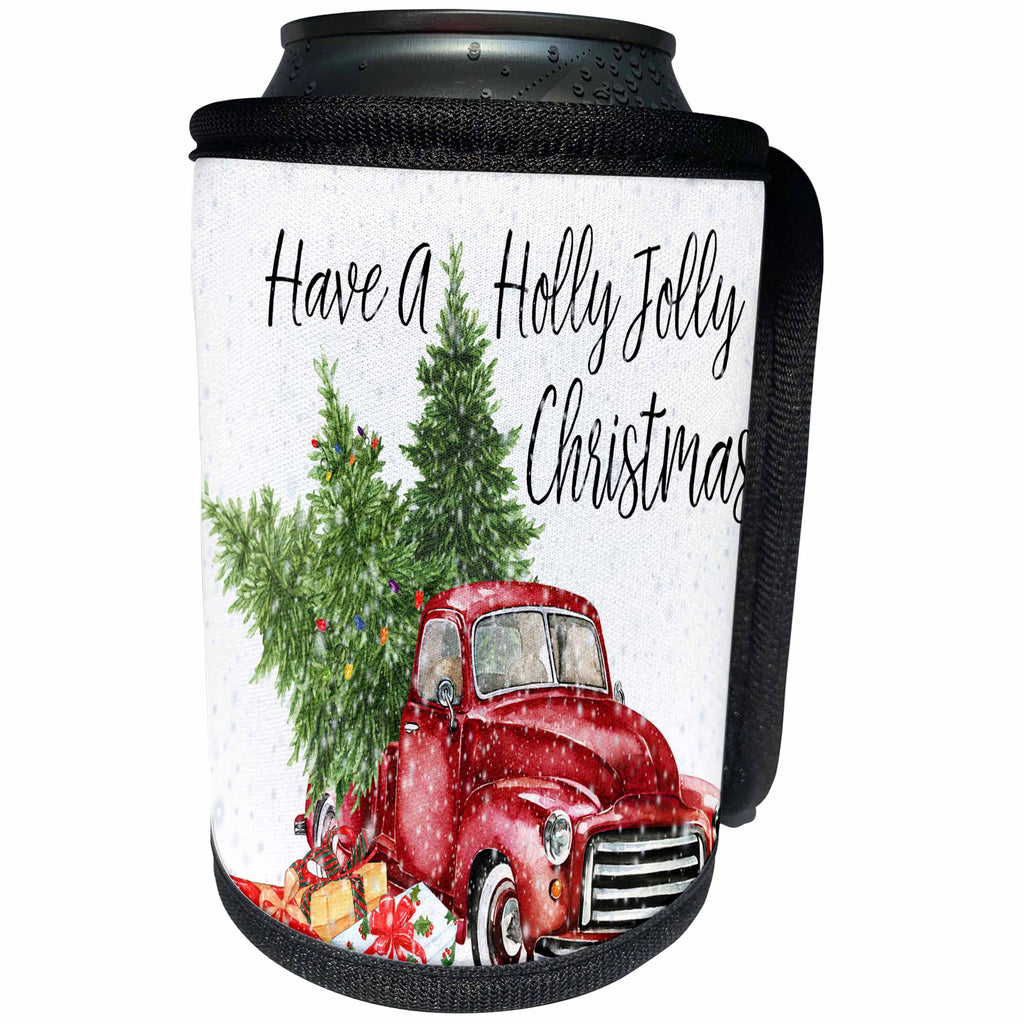 3dRose Anne Marie Baugh - Christmas - Have A Holly Jolly Christmas Red Truck With Christmas Trees - Can Cooler Bottle Wrap (cc_263636)