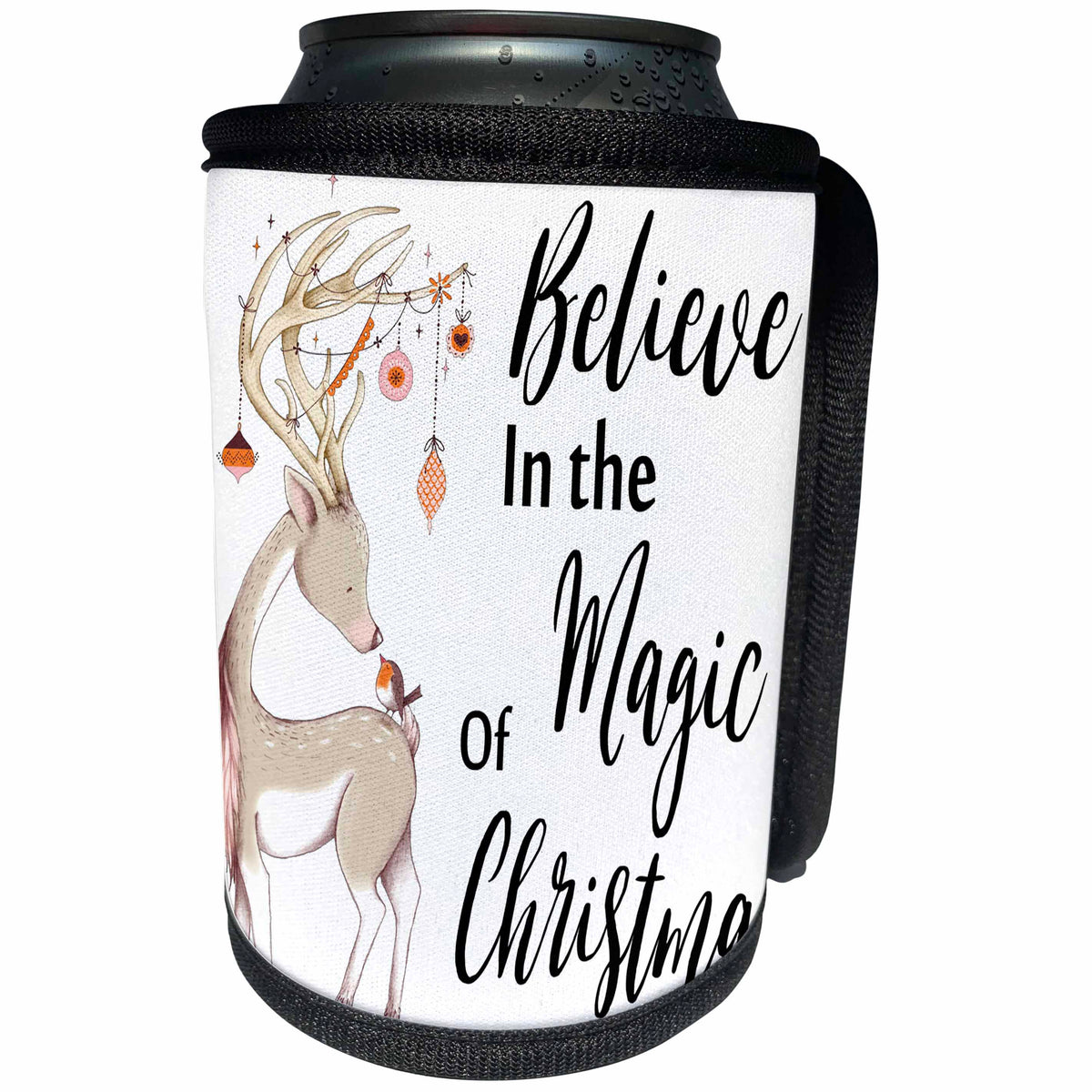 3dRose Anne Marie Baugh - Christmas - Believe In The Magic Of Christmas, Deer With Bird - Can Cooler Bottle Wrap (cc_263637)