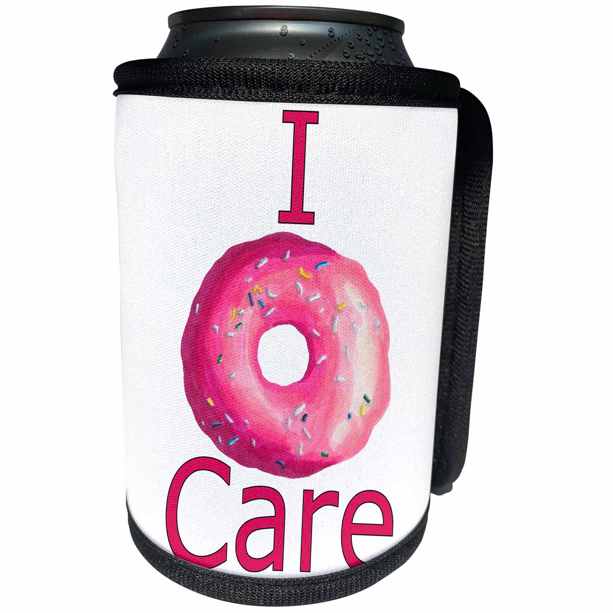 3dRose Anne Marie Baugh - Quotes - I Donut Care With a Pink Donut Graphic - Can Cooler Bottle Wrap (cc_263651)