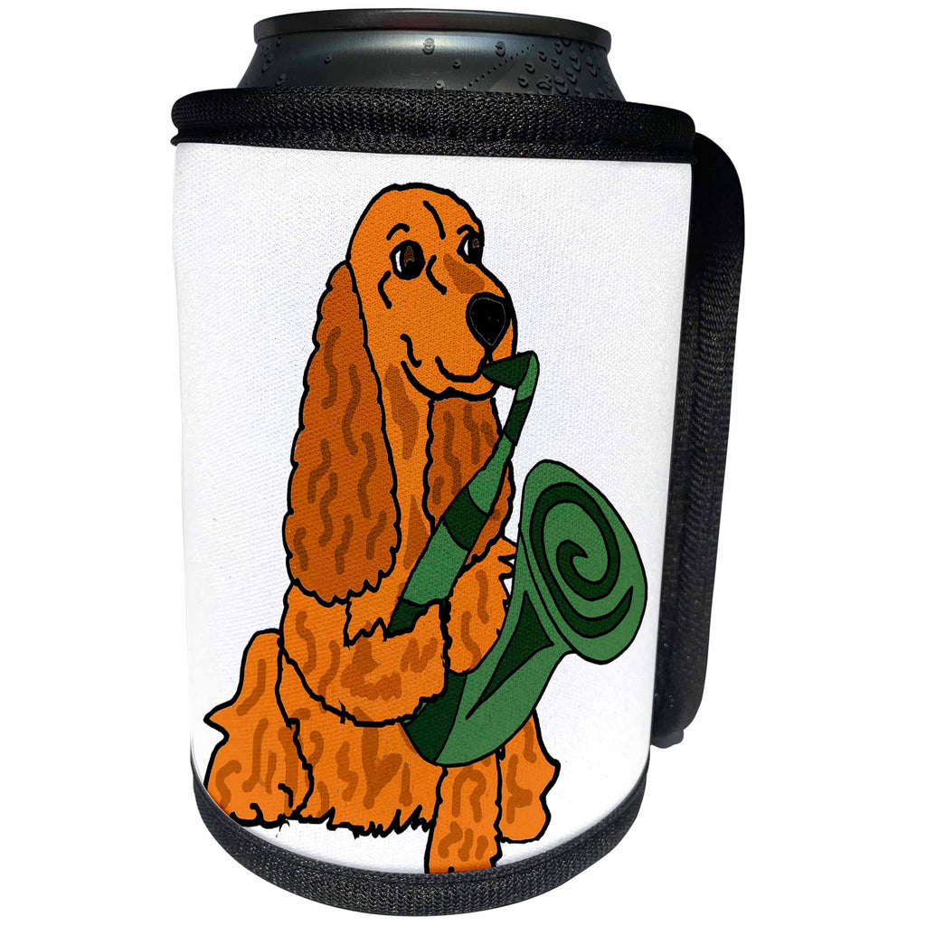 3dRose All Smiles Art Pets - Funny Cute Cocker Spaniel Puppy Dog Playing Saxophone Art - Can Cooler Bottle Wrap (cc_263662)