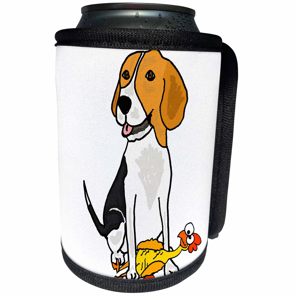 3dRose All Smiles Art Pets - Funny Cute Beagle Dog Playing with Rubber Chicken Dog Toy - Can Cooler Bottle Wrap (cc_263666)