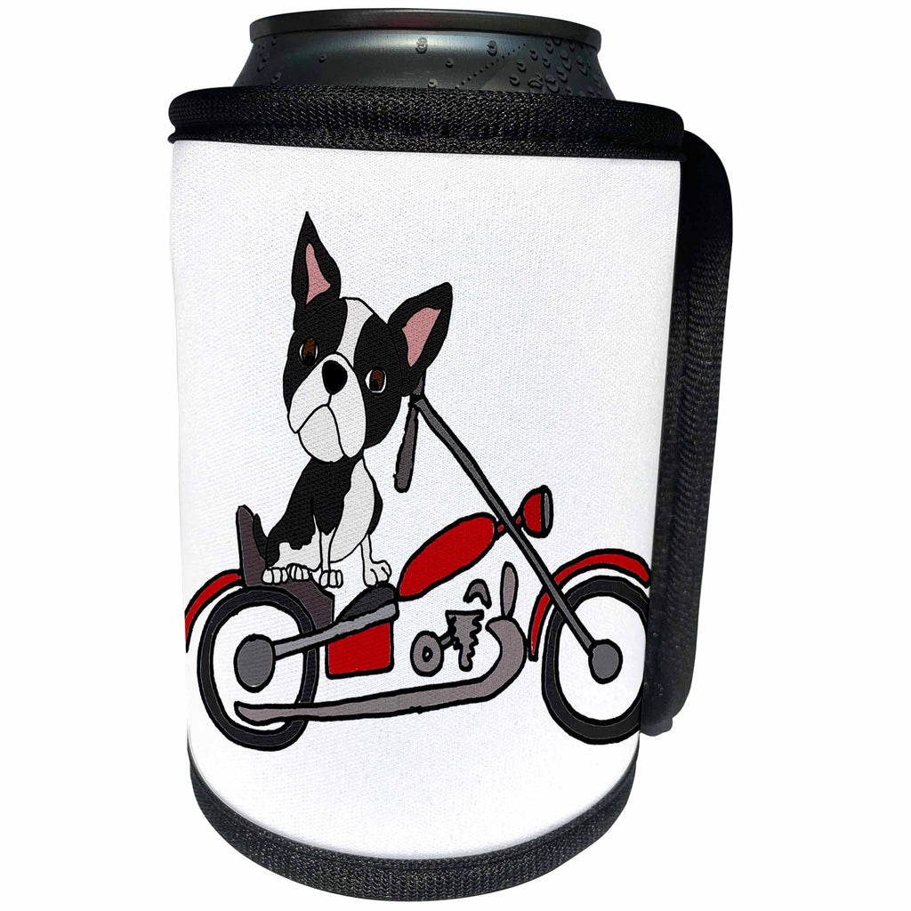 3dRose All Smiles Art Pets - Funny cute Boston Terrier Dog Riding Motorcycle - Can Cooler Bottle Wrap (cc_263667)