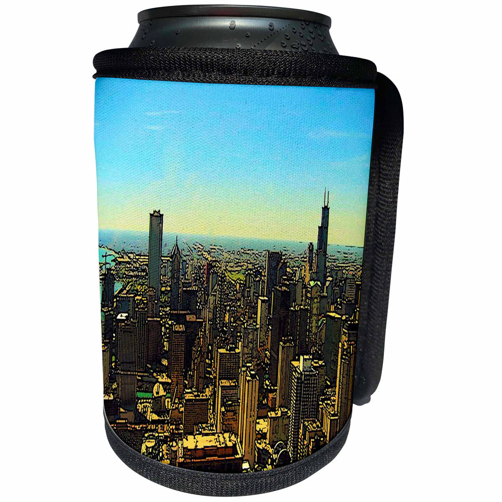 3dRose Sandy Mertens Illinois - Chicago Skyline cartoon - Can Cooler Bottle Wrap (cc_26367)