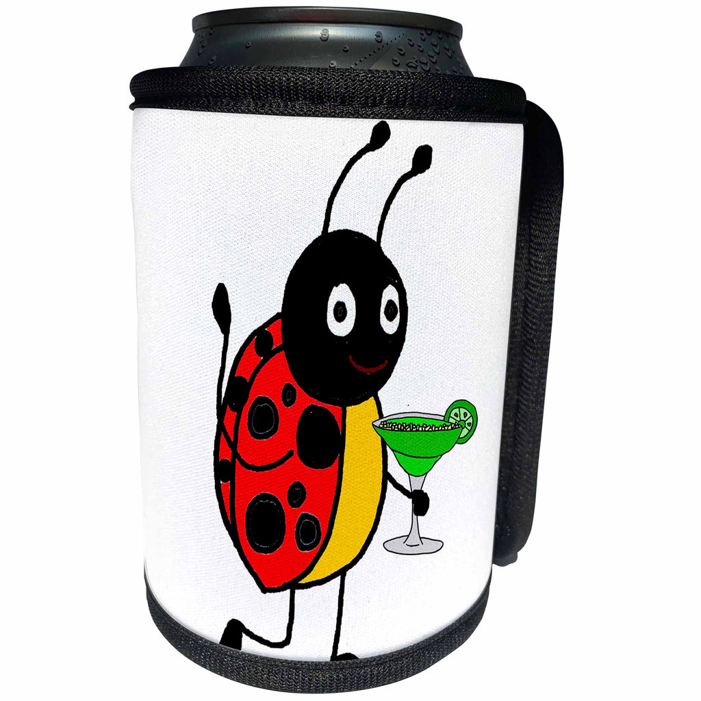 3dRose All Smiles Art Drinking - Funny Cute Ladybug drinking Margarita Cartoon - Can Cooler Bottle Wrap (cc_263670)