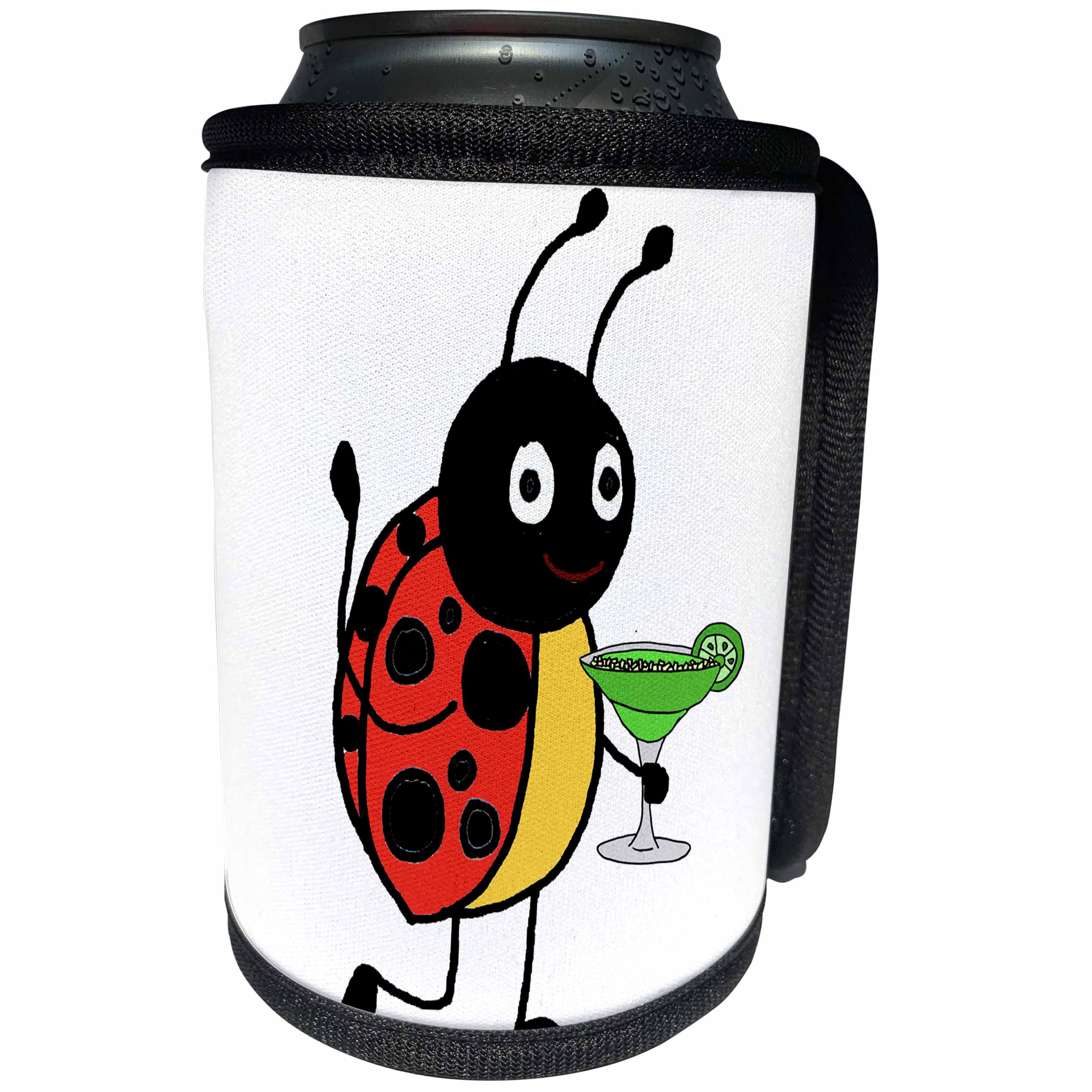 3dRose All Smiles Art Drinking - Funny Cute Ladybug drinking Margarita Cartoon - Can Cooler Bottle Wrap (cc_263670)
