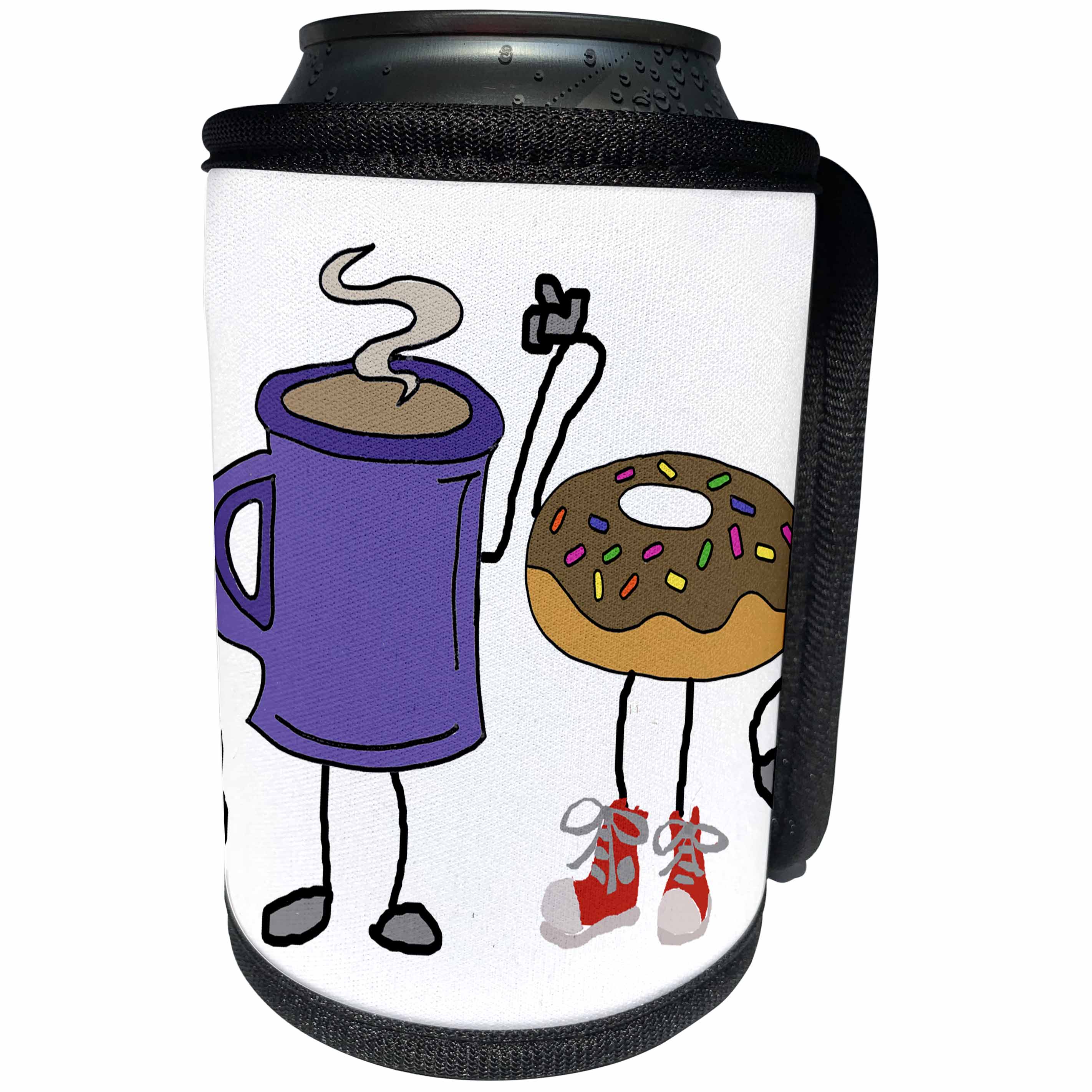 3dRose All Smiles Art Funny - Funny Cute Coffee and Doughnut Cartoon Characters - Can Cooler Bottle Wrap (cc_263679)