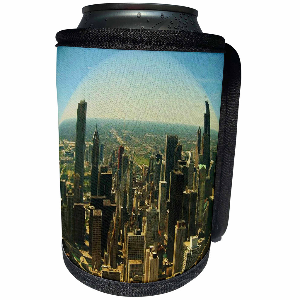 3dRose Sandy Mertens Illinois - Chicago Skyline fisheye - Can Cooler Bottle Wrap (cc_26368)