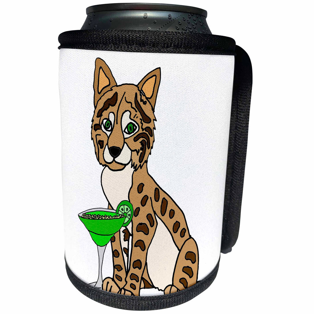 3dRose All Smiles Art Drinking - Cute Funny Bobcat Drinking Margarita Cartoon - Can Cooler Bottle Wrap (cc_263708)