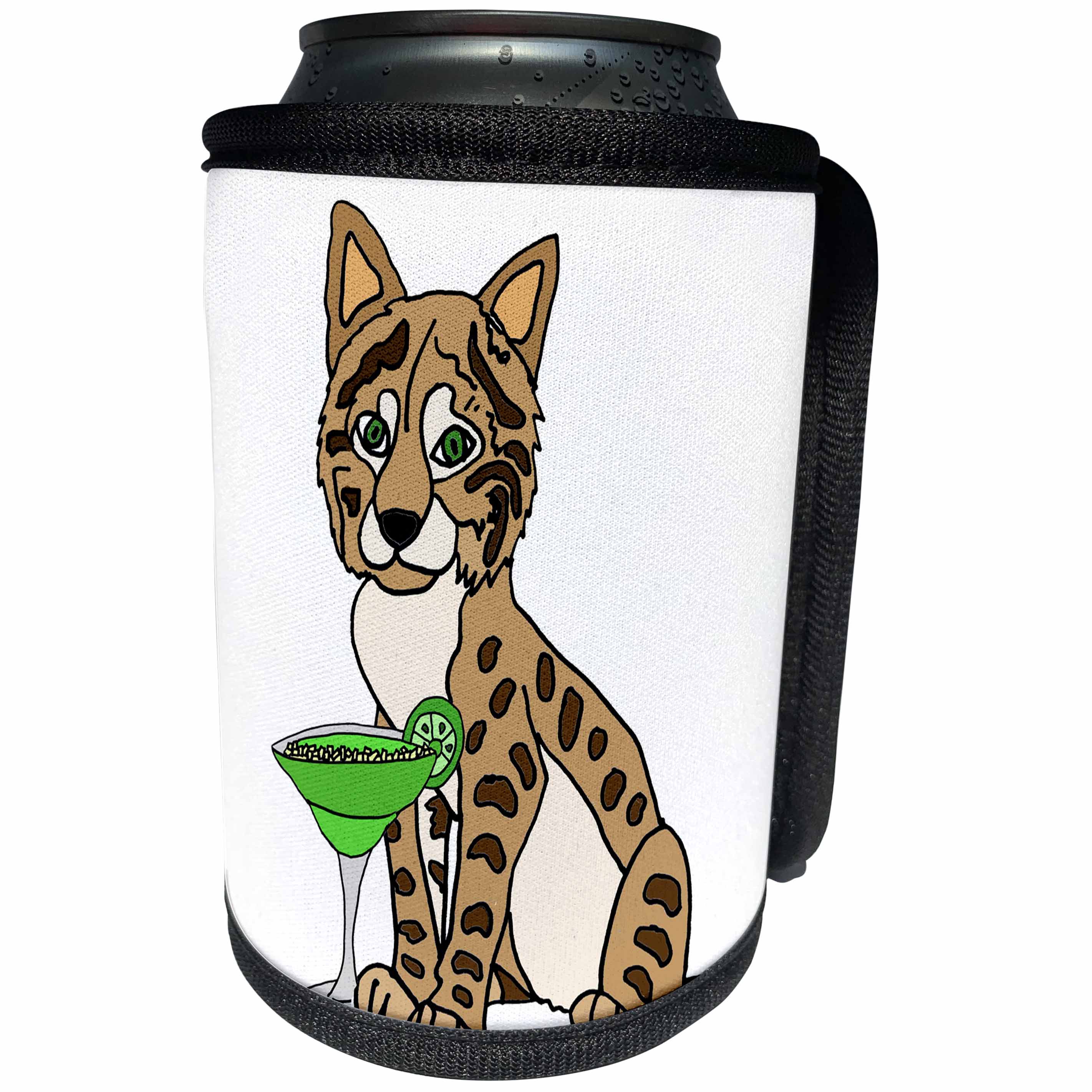 3dRose All Smiles Art Drinking - Cute Funny Bobcat Drinking Margarita Cartoon - Can Cooler Bottle Wrap (cc_263708)