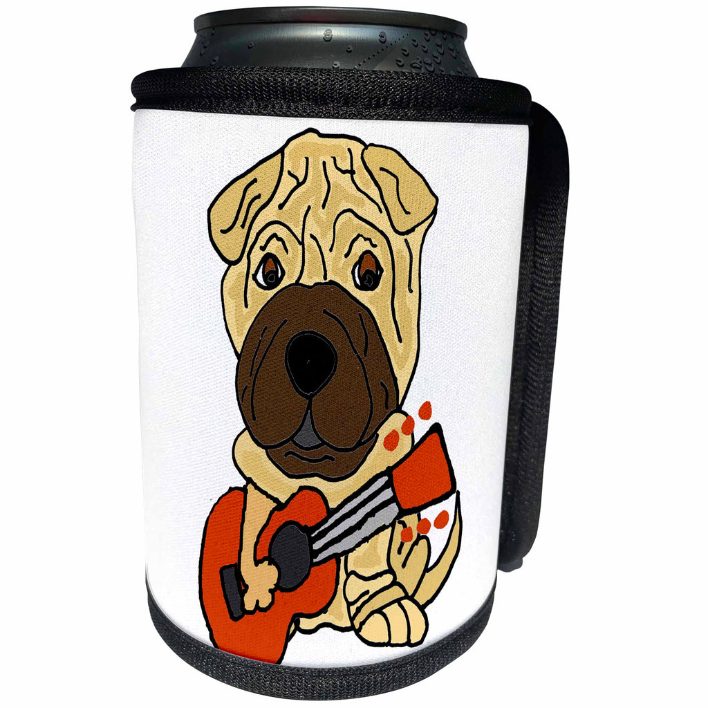 3dRose All Smiles Art Pets - Cute Funny Shar Pei Dog Playing Guitar Cartoon - Can Cooler Bottle Wrap (cc_263712)