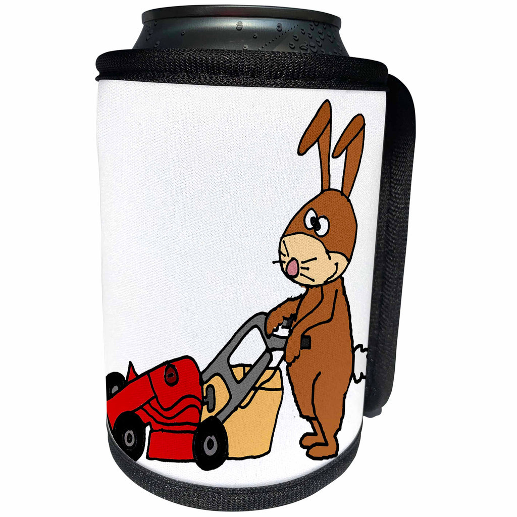 3dRose All Smiles Art Animals - Funny Cute Brown Bunny Rabbit Mowing Grass Art - Can Cooler Bottle Wrap (cc_263718)