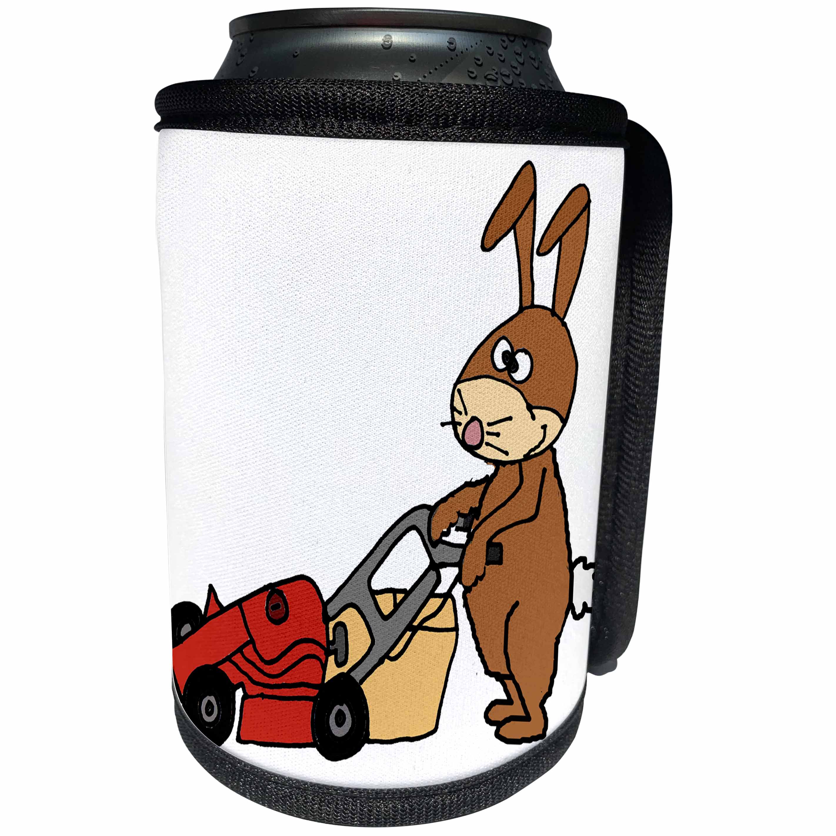3dRose All Smiles Art Animals - Funny Cute Brown Bunny Rabbit Mowing Grass Art - Can Cooler Bottle Wrap (cc_263718)
