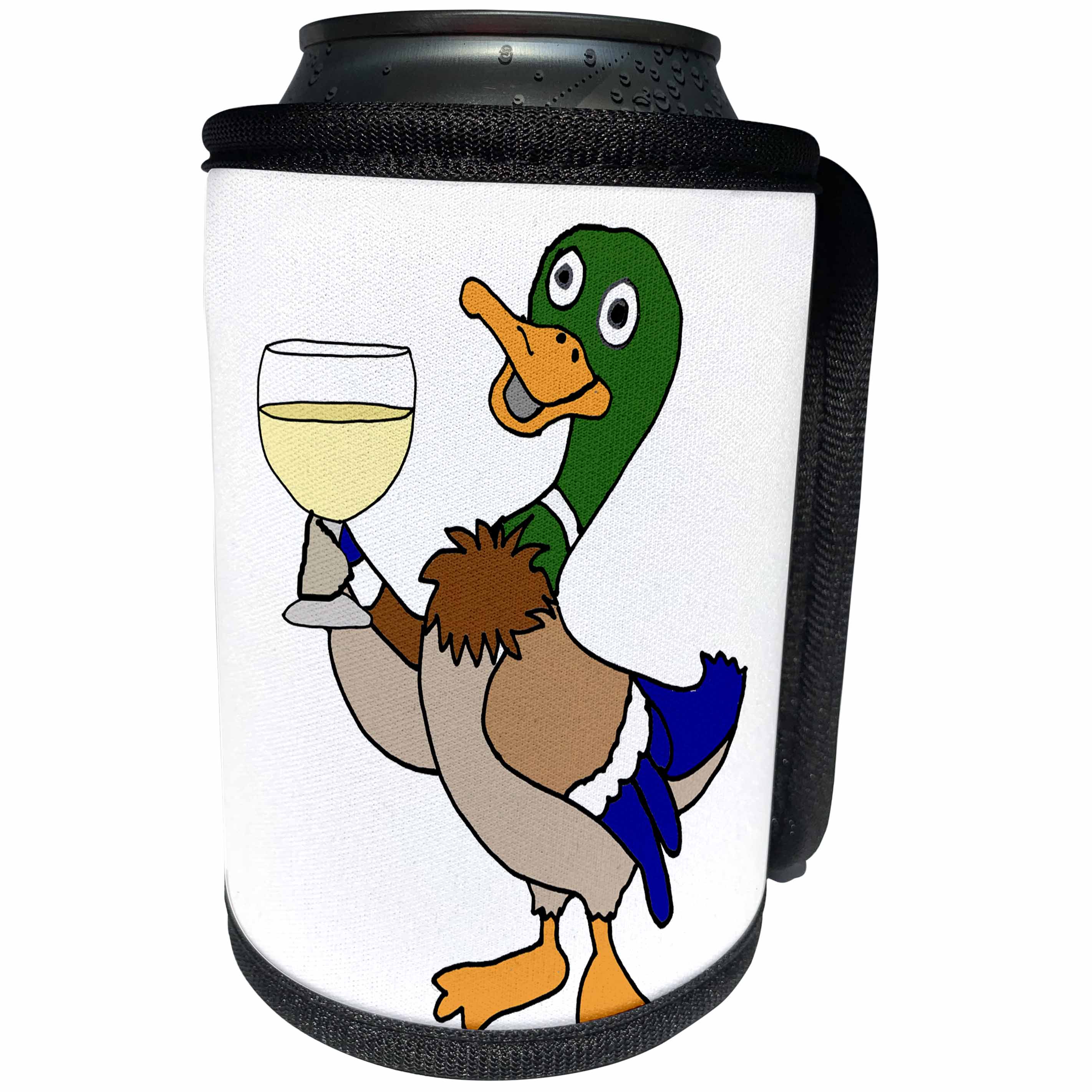 3dRose All Smiles Art Drinking - Cute Funny Mallard Duck Drinking White Wine Cartoon - Can Cooler Bottle Wrap (cc_263726)
