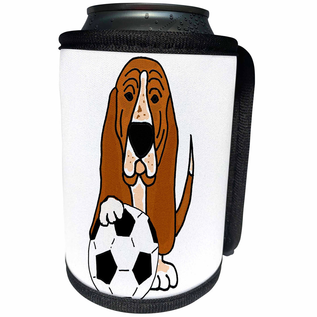 3dRose All Smiles Art Sports and Hobbies - Funny Cute Basset Hound Dog Playing Soccer or Football - Can Cooler Bottle Wrap (cc_263733)