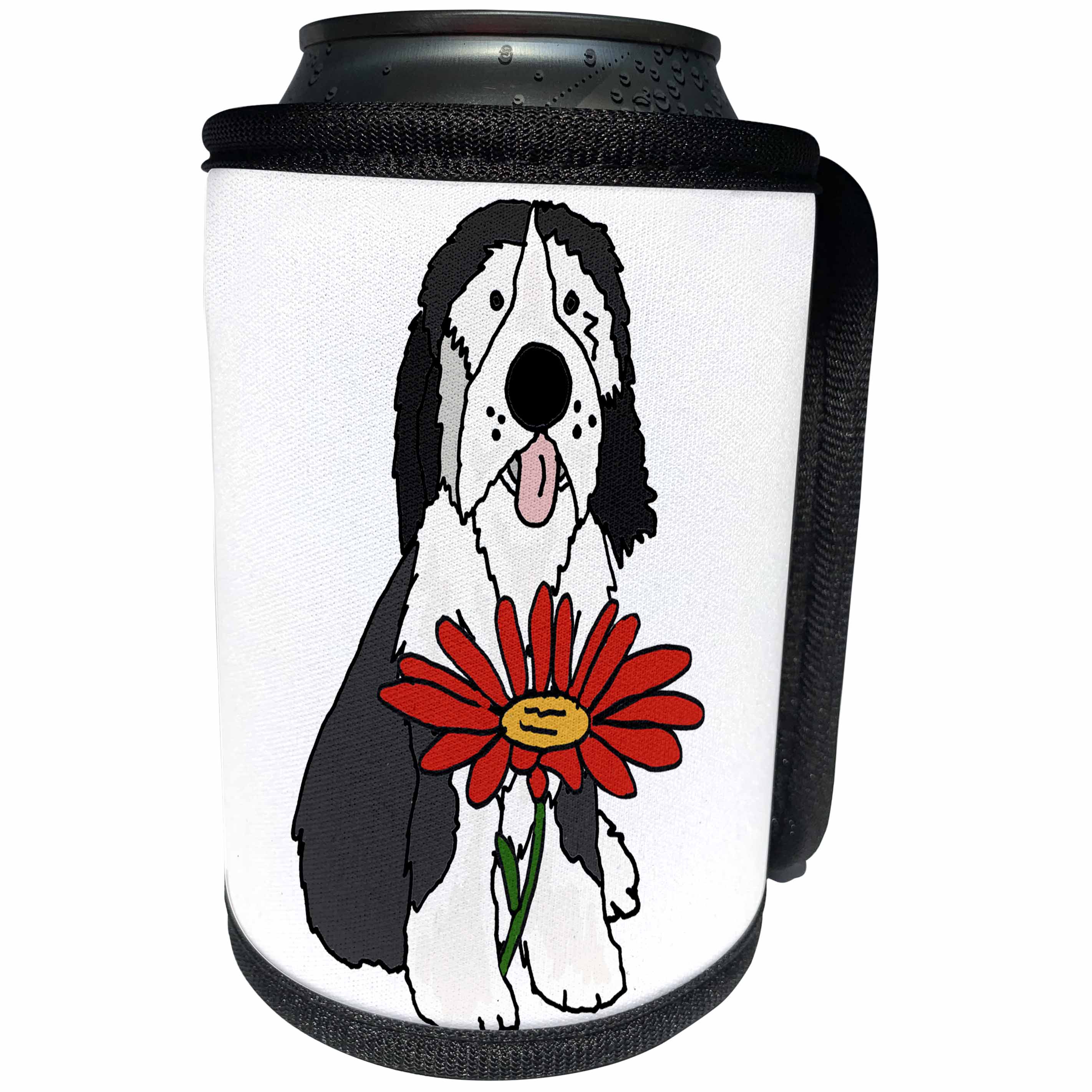 3dRose All Smiles Art Pets - Cute Funny Bearded Collie Dog with Red Daisy Flower - Can Cooler Bottle Wrap (cc_263737)