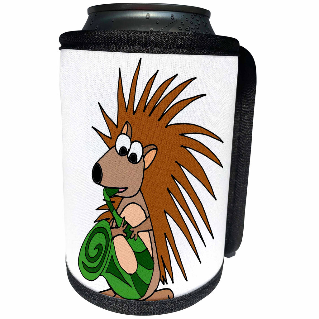 3dRose All Smiles Art Music - Funny Cute Porcupine Playing Saxophone Cartoon - Can Cooler Bottle Wrap (cc_263739)