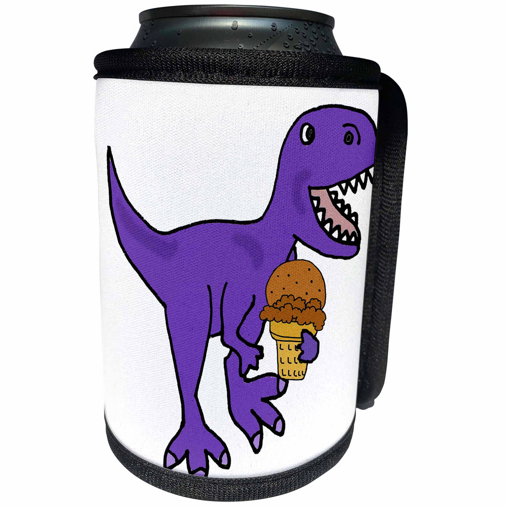 3dRose All Smiles Art Dinosaur - Funny Cute T-rex Dinosaur eating Chocolate Ice Cream Cone - Can Cooler Bottle Wrap (cc_263740)