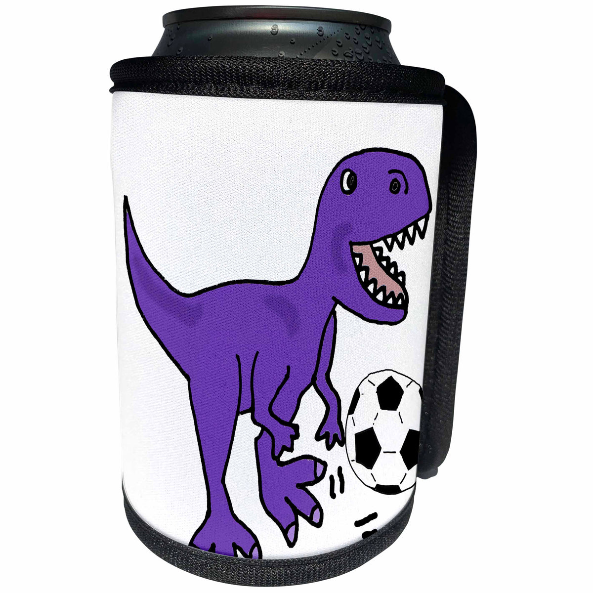 3dRose All Smiles Art Sports and Hobbies - Funny Cute Purple T-rex Dinosaur Playing Soccer Cartoon - Can Cooler Bottle Wrap (cc_263741)