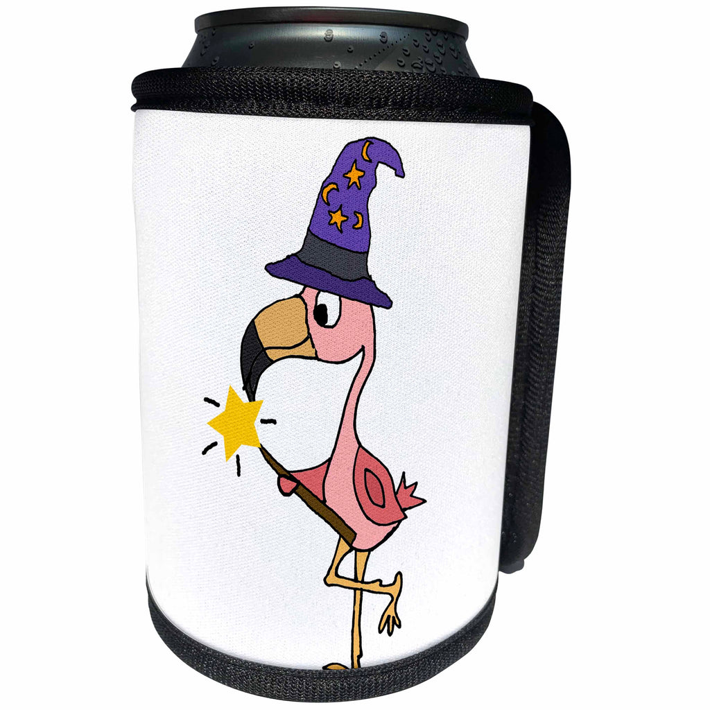 3dRose All Smiles Art Birds - Cute funny Pink Flamingo Witch or Wizard Halloween Cartoon - Can Cooler Bottle Wrap (cc_263743)