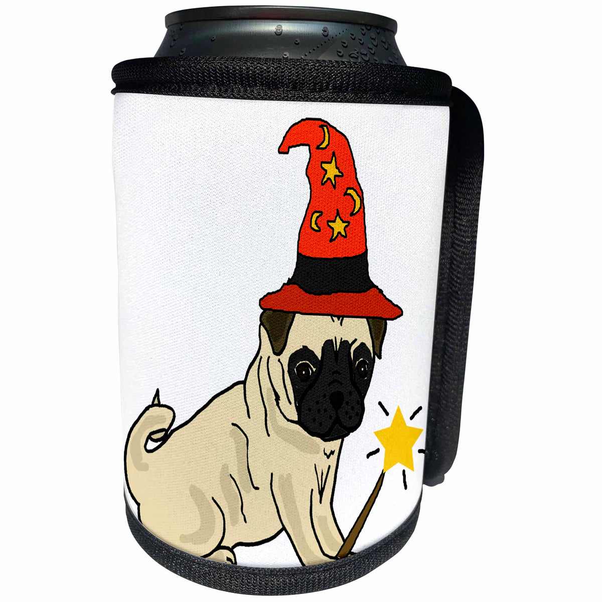 3dRose All Smiles Art Pets - Funny Cute Pug Dog Wizard Halloween Cartoon - Can Cooler Bottle Wrap (cc_263745)