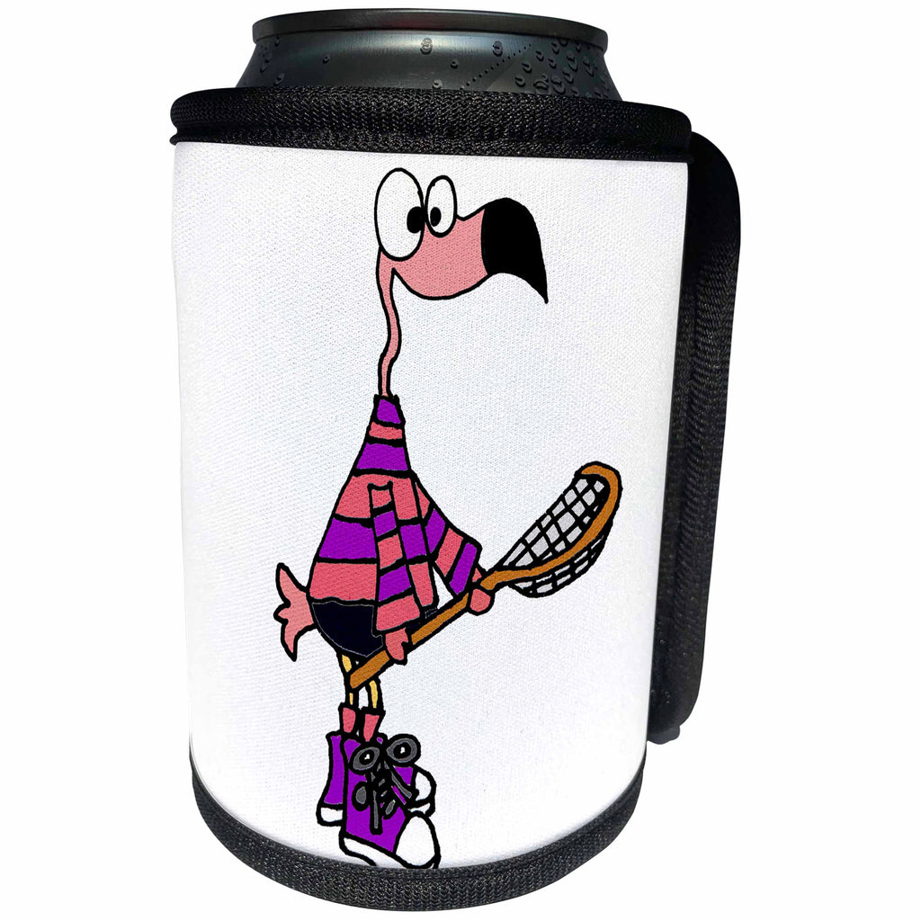 3dRose All Smiles Art Sports and Hobbies - Cool Pink Flamingo Bird Playing Lacrosse Cartoon - Can Cooler Bottle Wrap (cc_263748)