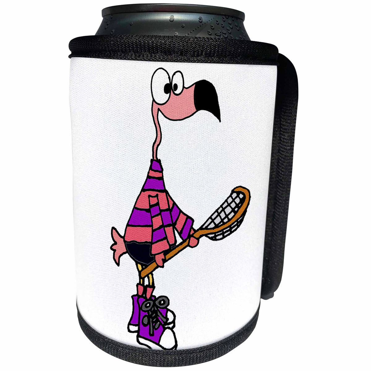 3dRose All Smiles Art Sports and Hobbies - Cool Pink Flamingo Bird Playing Lacrosse Cartoon - Can Cooler Bottle Wrap (cc_263748)