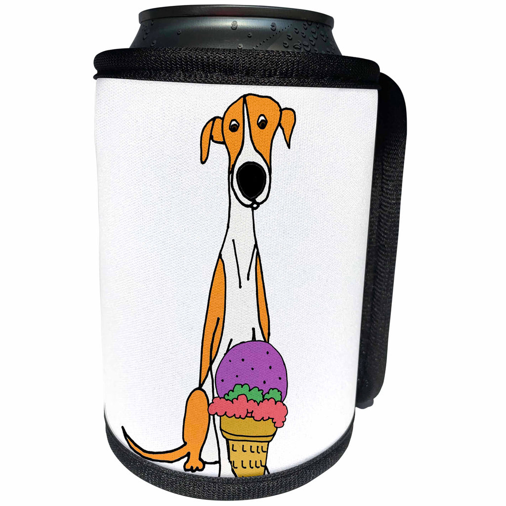 3dRose All Smiles Art Pets - Funny Cute Red and White Greyhound Dog eating Ice Cream - Can Cooler Bottle Wrap (cc_263750)