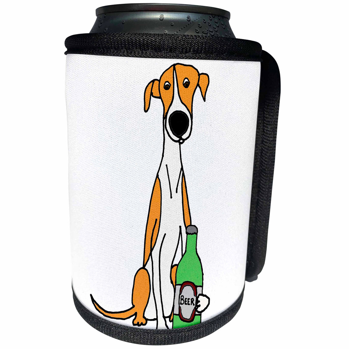 3dRose All Smiles Art Pets - Funny Cute Red and White Greyhound Dog Drinking Beer - Can Cooler Bottle Wrap (cc_263756)