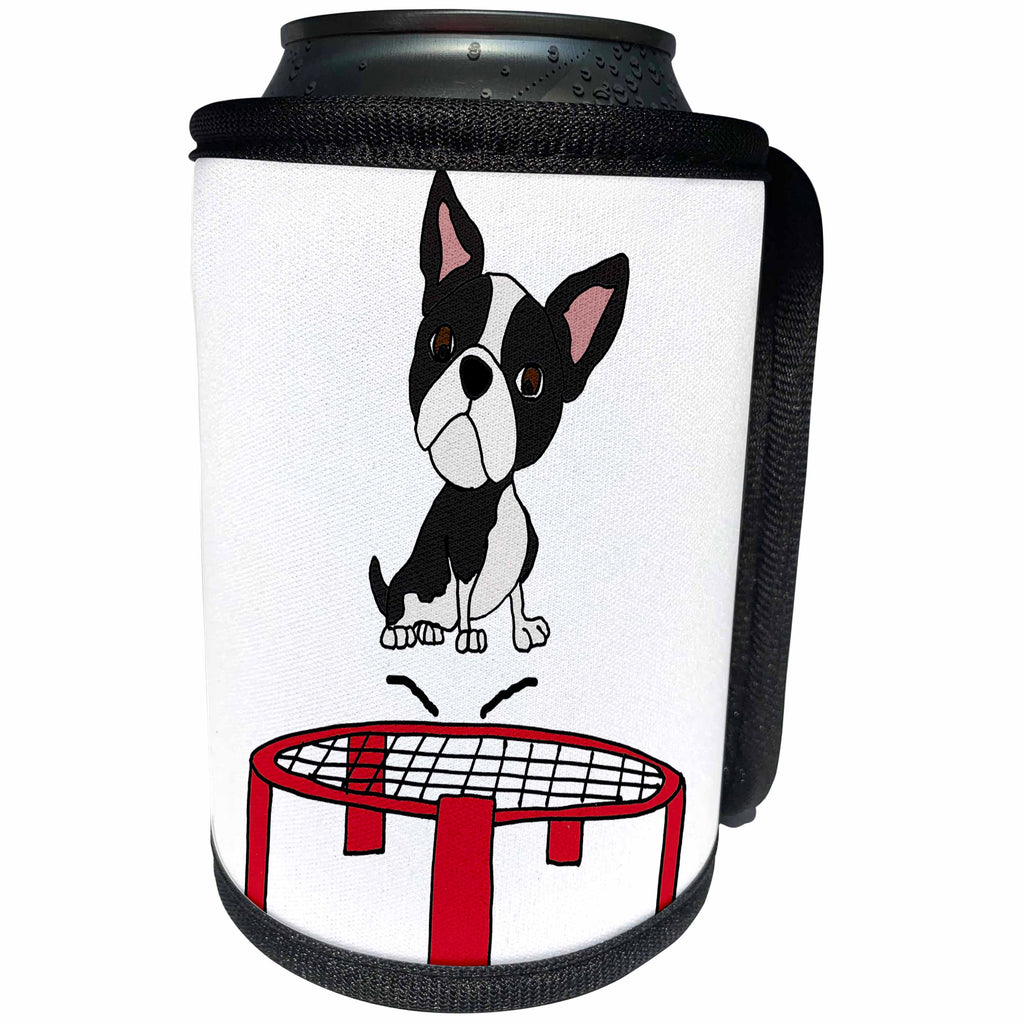 3dRose All Smiles Art Pets - Funny Cute Boston Terrier Dog Jumping on Trampoline - Can Cooler Bottle Wrap (cc_263766)