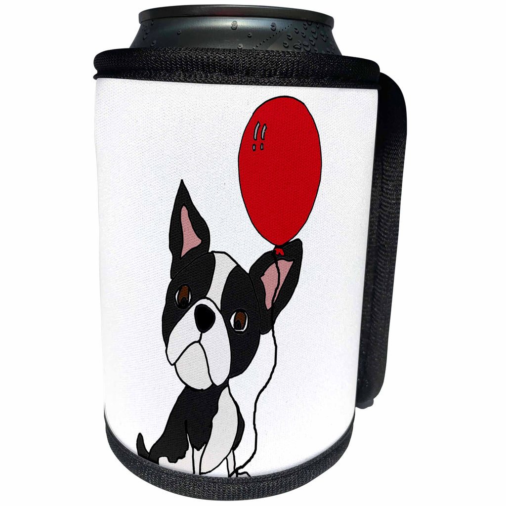 3dRose All Smiles Art Pets - Funny Cute Boston Terrier Dog with Balloon Cartoon - Can Cooler Bottle Wrap (cc_263768)