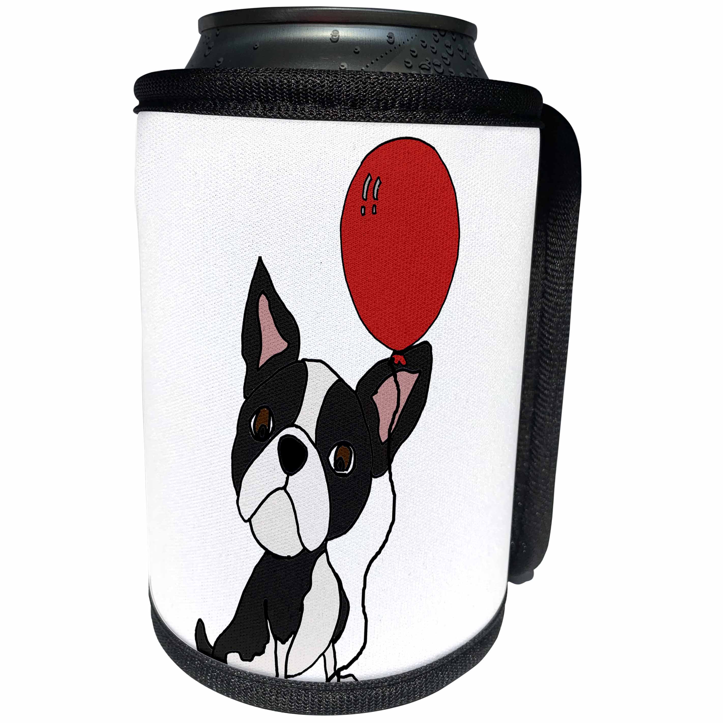 3dRose All Smiles Art Pets - Funny Cute Boston Terrier Dog with Balloon Cartoon - Can Cooler Bottle Wrap (cc_263768)