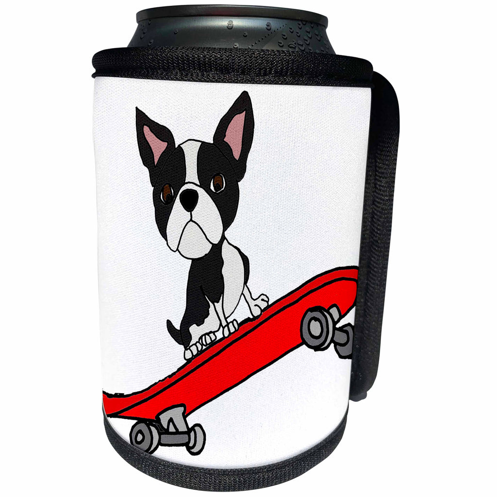 3dRose All Smiles Art Sports and Hobbies - Funny Cute Boston terrier puppy dog Skateboarding Cartoon - Can Cooler Bottle Wrap (cc_263769)