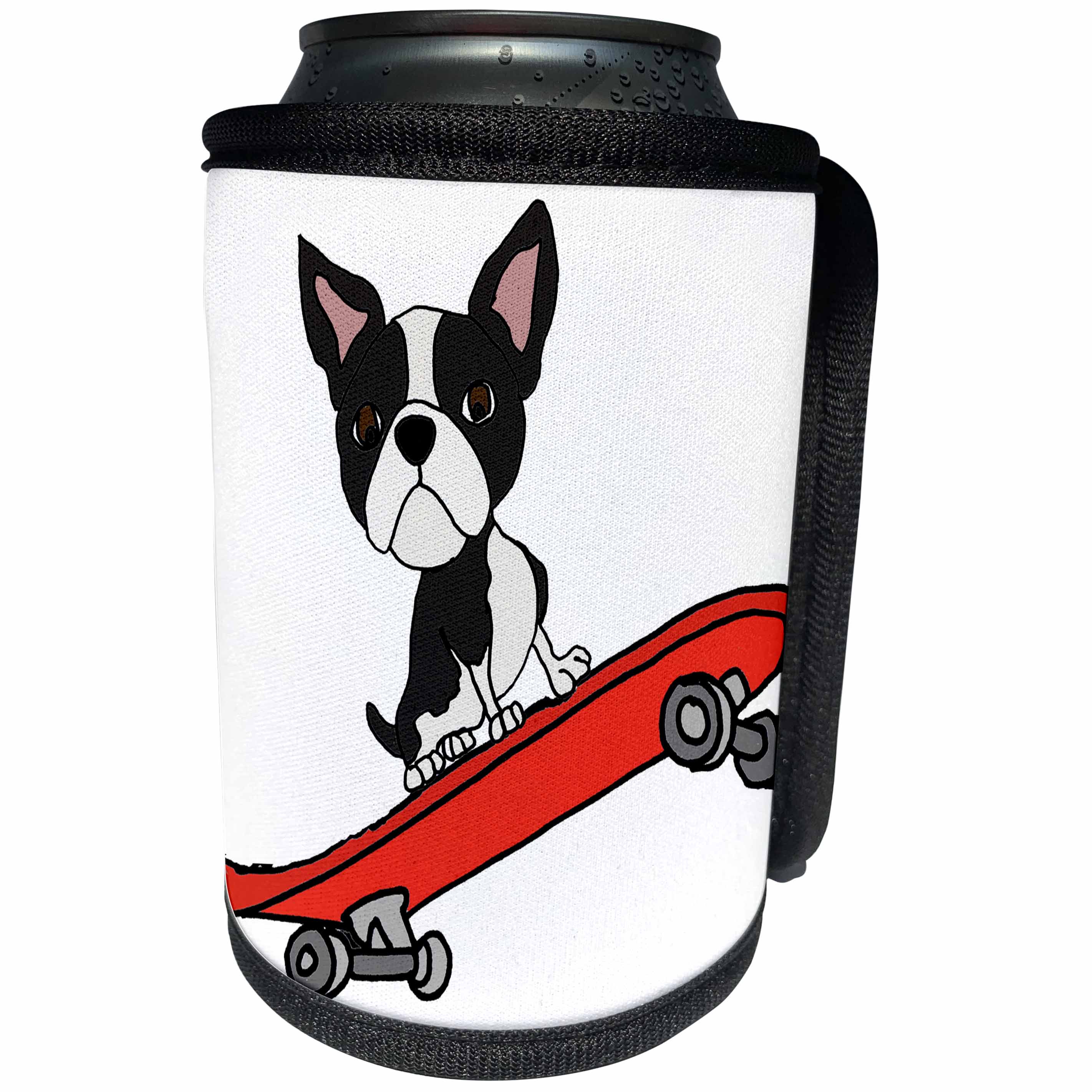 3dRose All Smiles Art Sports and Hobbies - Funny Cute Boston terrier puppy dog Skateboarding Cartoon - Can Cooler Bottle Wrap (cc_263769)