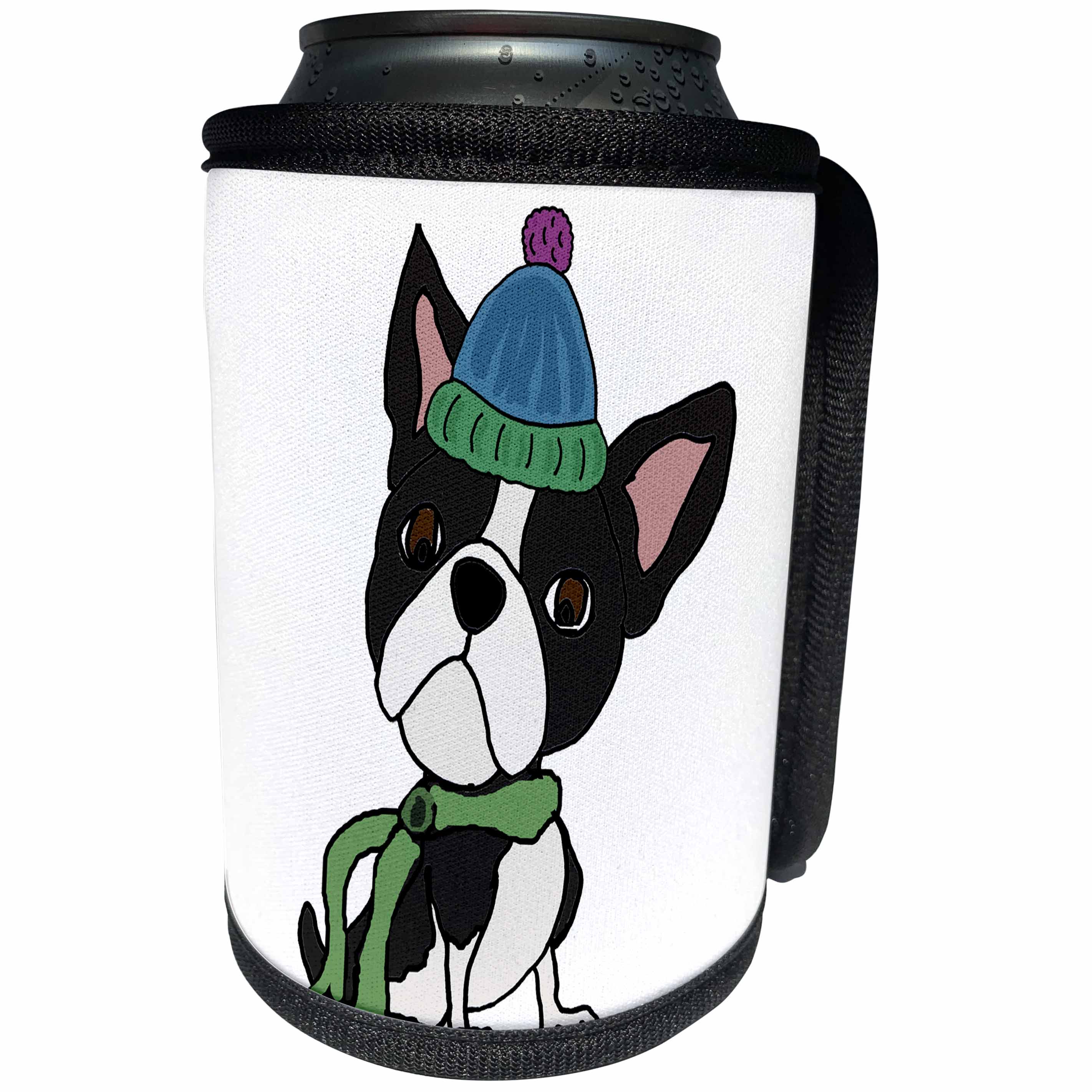 3dRose All Smiles Art Pets - Funny Cute Boston Terrier Dog in Winter Knitted Hat and Scarf - Can Cooler Bottle Wrap (cc_263770)