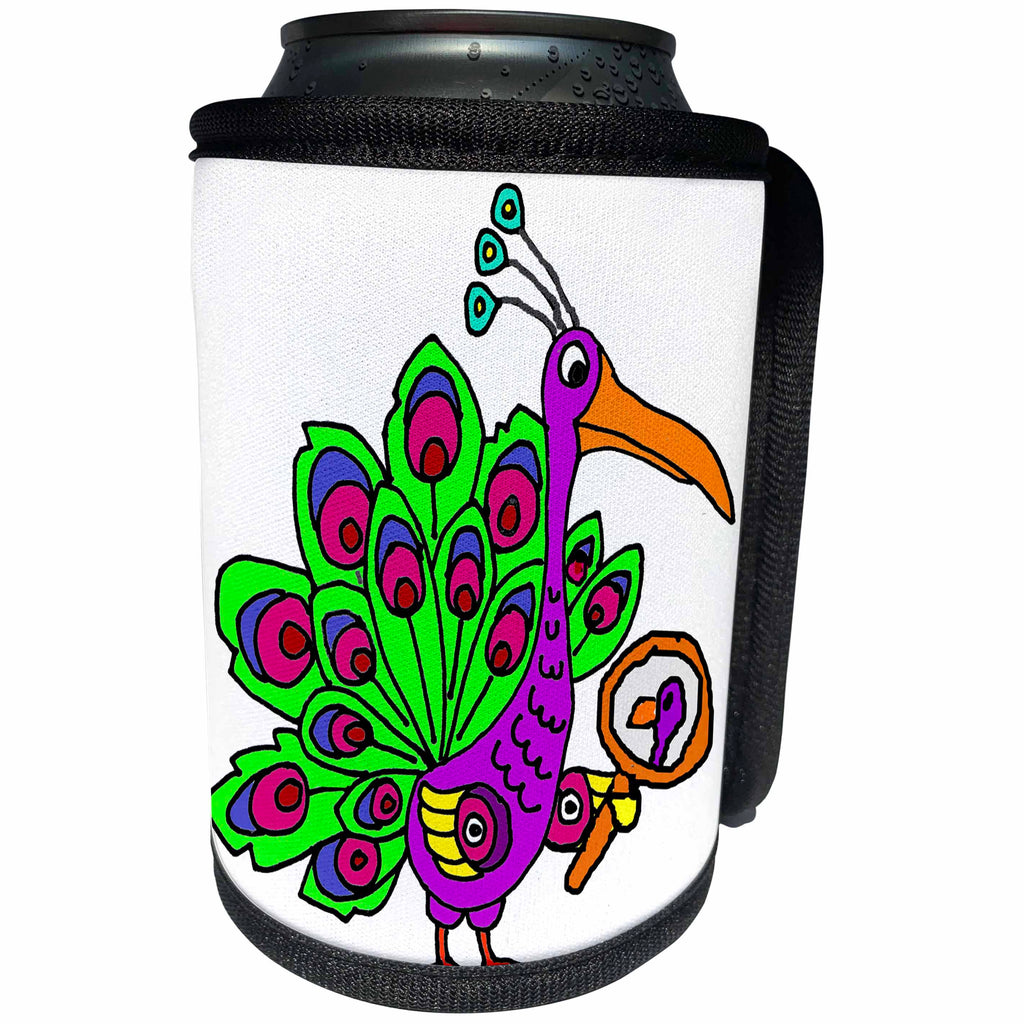 3dRose All Smiles Art Birds - Funny Cute Vain Peacock Bird Looking in Mirror Cartoon - Can Cooler Bottle Wrap (cc_263773)
