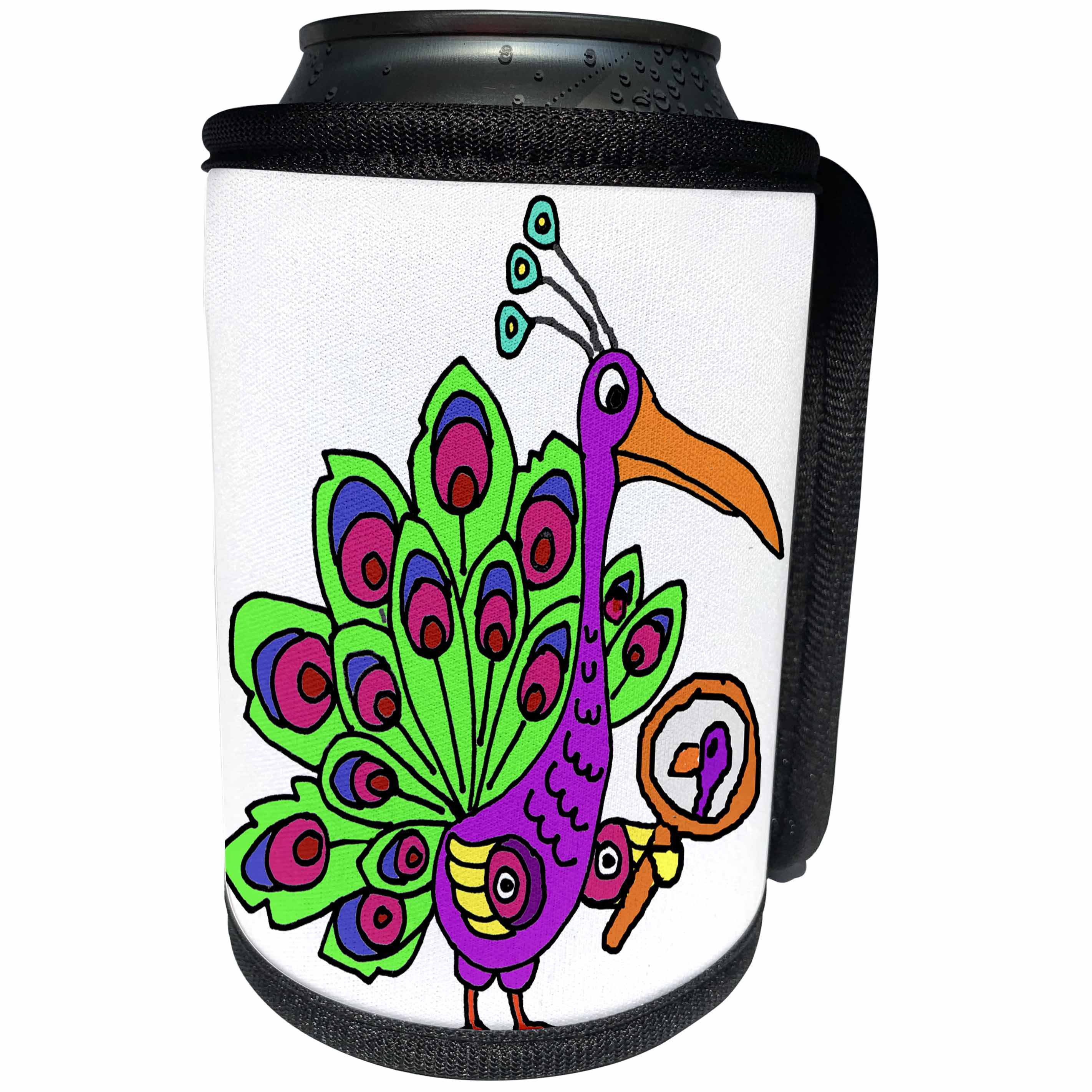 3dRose All Smiles Art Birds - Funny Cute Vain Peacock Bird Looking in Mirror Cartoon - Can Cooler Bottle Wrap (cc_263773)