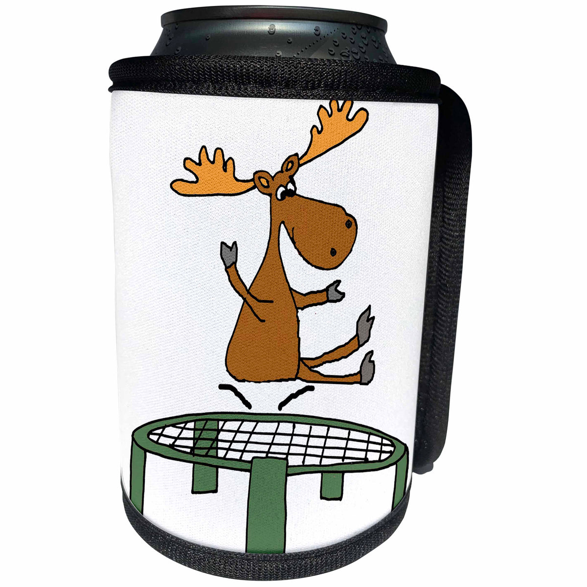 3dRose All Smiles Art Sports and Hobbies - Funny Cute Moose Jumping on Trampoline Cartoon - Can Cooler Bottle Wrap (cc_263776)