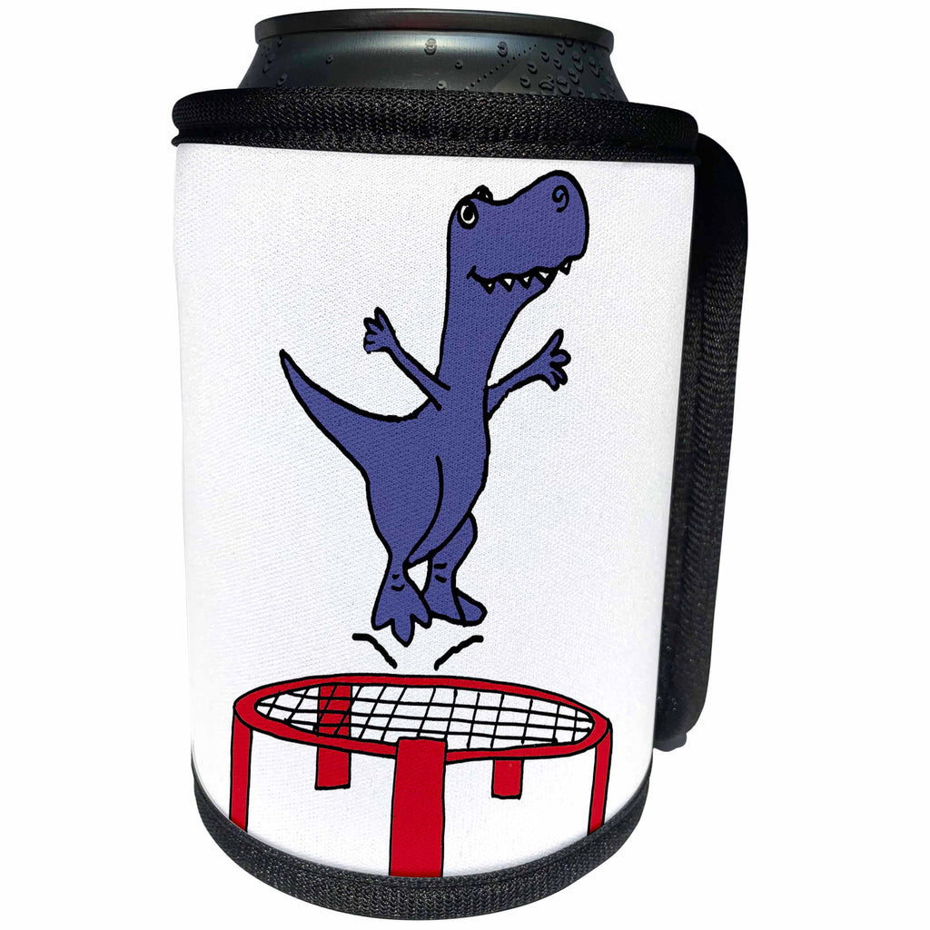 3dRose All Smiles Art Dinosaurs - Cute Funny T-rex Dinosaur Jumping on Trampoline Cartoon - Can Cooler Bottle Wrap (cc_263777)