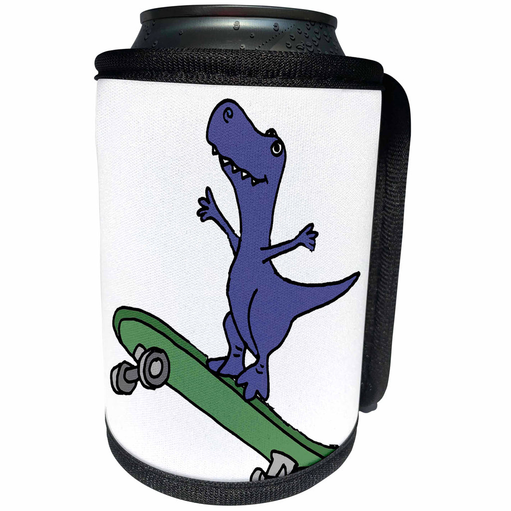 3dRose All Smiles Art Dinosaurs - Cute funny T-rex Dinosaur Skateboarding Cartoon - Can Cooler Bottle Wrap (cc_263778)