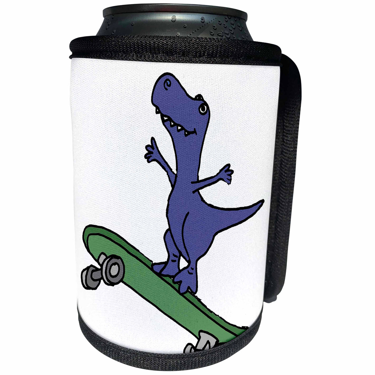 3dRose All Smiles Art Dinosaurs - Cute funny T-rex Dinosaur Skateboarding Cartoon - Can Cooler Bottle Wrap (cc_263778)